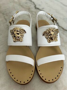 Versace White Leather Medusa-Embellished Slingback Sandals with Gold Hardware
